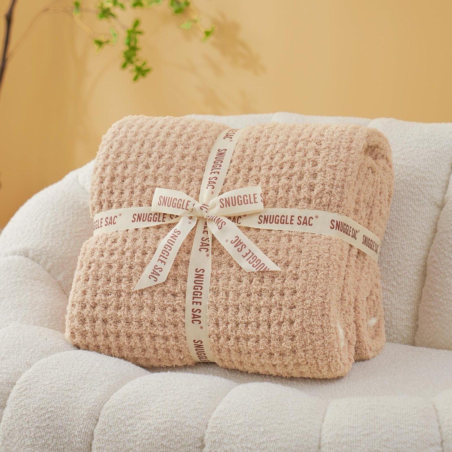 Snuggle Sac Waffle Throw Blanket for Couch Bed Sofa 50x60 inches, Reversible Beige Blanket Microfiber Fluffy Fuzzy Cozy Knit Soft Throws for Women Mothers Birthday Gifts