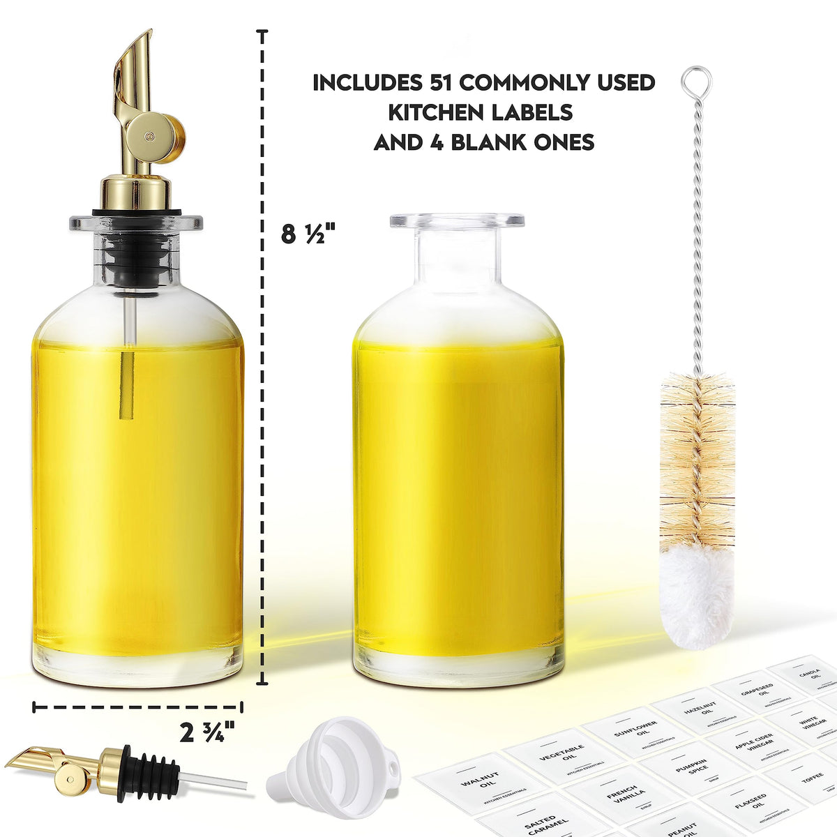 Spaceneat Olive Oil Dispenser Bottle - Includes 55 Kitchen Essential Labels - Cooking Oil Bottles for Kitchen, Coffee Syrup Dispenser - Pourer Spout with 11.8 fl oz Glass Container Cruet - 2pcs, Gold