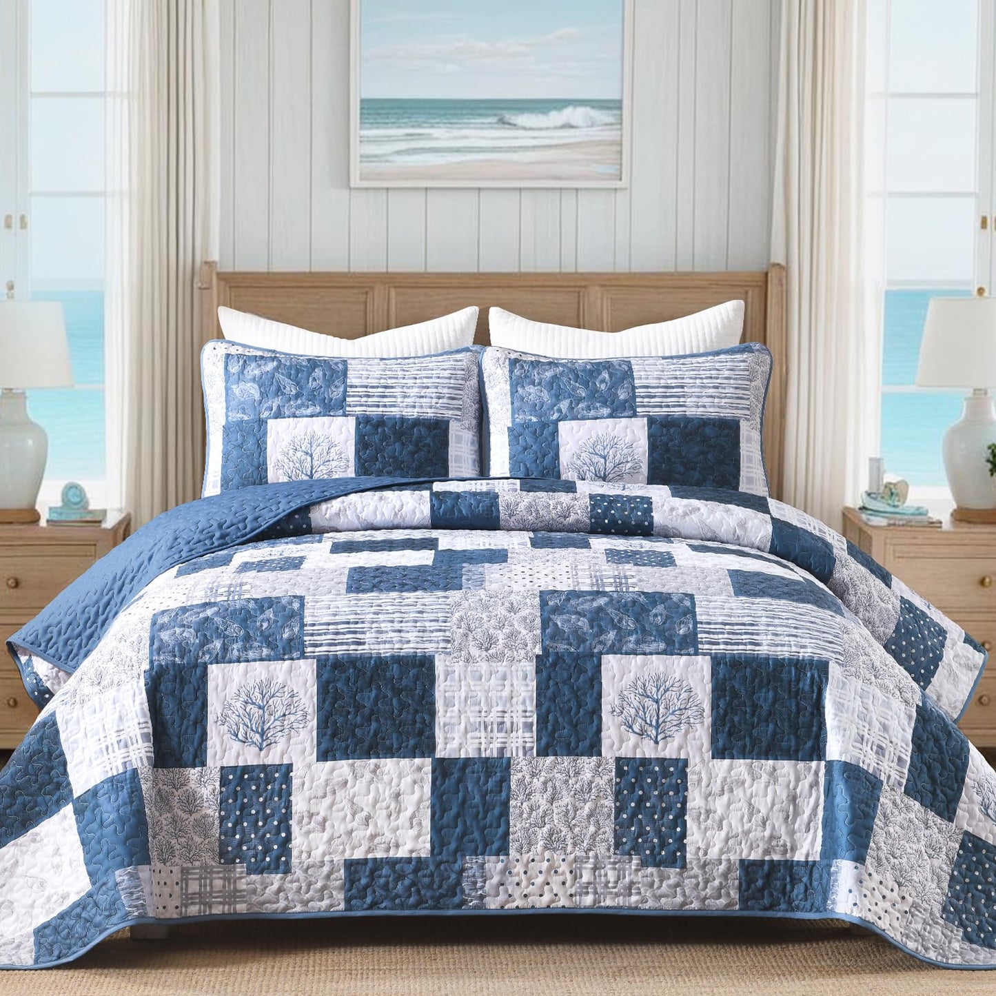 Xruibed Blue Ocean Quilt Set Queen Coastal Beach Theme Quilt Coverlet Soft Microfiber Reversible Bedspread with 2 Pillow Shams 3 Pieces Nautical Patchwork Beach Bedding Quilt for All Season 90"x96"