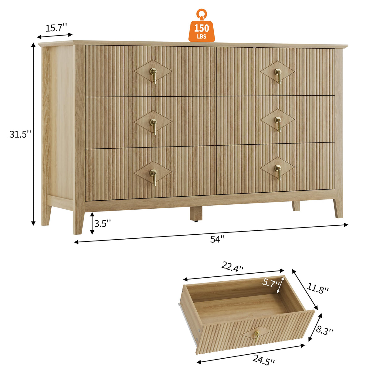 GarveeHome Fluted Dresser for Bedroom, 54 Inch Wide 6-Drawer Wood Dresser, Modern Chest of Drawers, Storage Organizer Cabinet for Living Room, Hallway, Entryway, Natural Oak