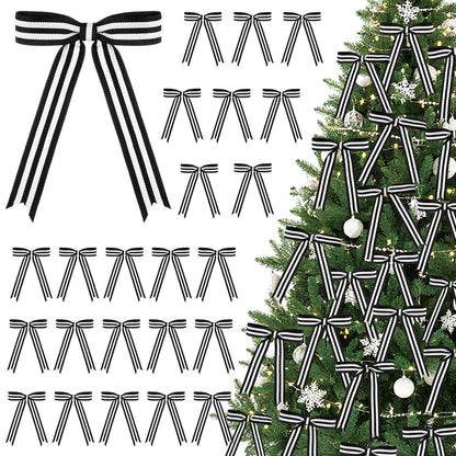 Riceshoot 24 Pcs 5x7 Black White Stripe Twist Tie Bows for Christmas Tree Memorial Gift Wrapping Bag Xmas Decoration Ribbon for Gothic Spooky Holiday Birthday Party Wreath DIY Craft (1 Inch Wide)