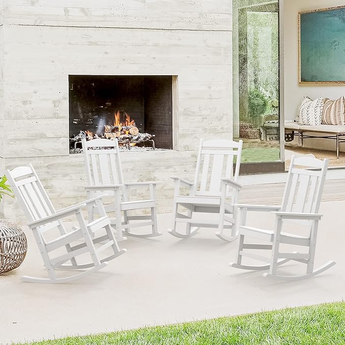 LUE BONA Outdoor Rocking Chairs Set of 4, Weather Resistant HDPS Poly Rocker Chairs, 350lb Heavy Duty, Oversized Porch Rocker for Adult, High Back Smooth Rocking Chairs for Outdoor & Indoor, White