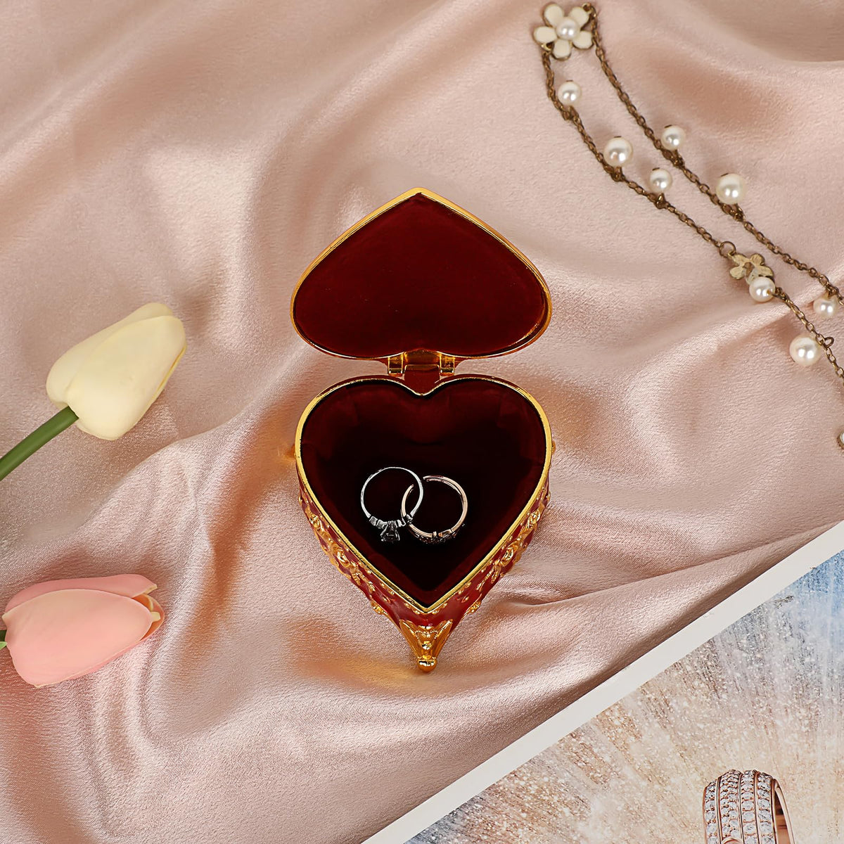 Hipiwe Heart Shape Jewelry Box Classic Metal Trinket Organizer Ring Storage Box with Rose Pattern Jewelry Storage Box for Ring Earrings Necklace, Gift for Women, Red