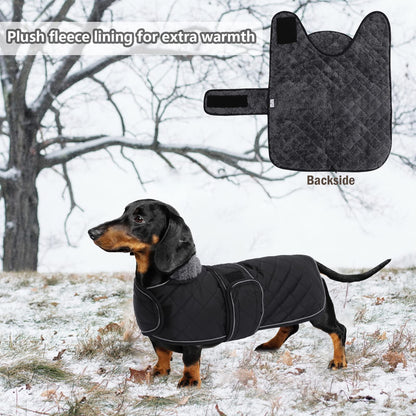 Warm Thermal Quilted Dachshund Coat, Dog Winter Coat with Warm Fleece Lining, Outdoor Dog Apparel with Adjustable Bands-Black-S