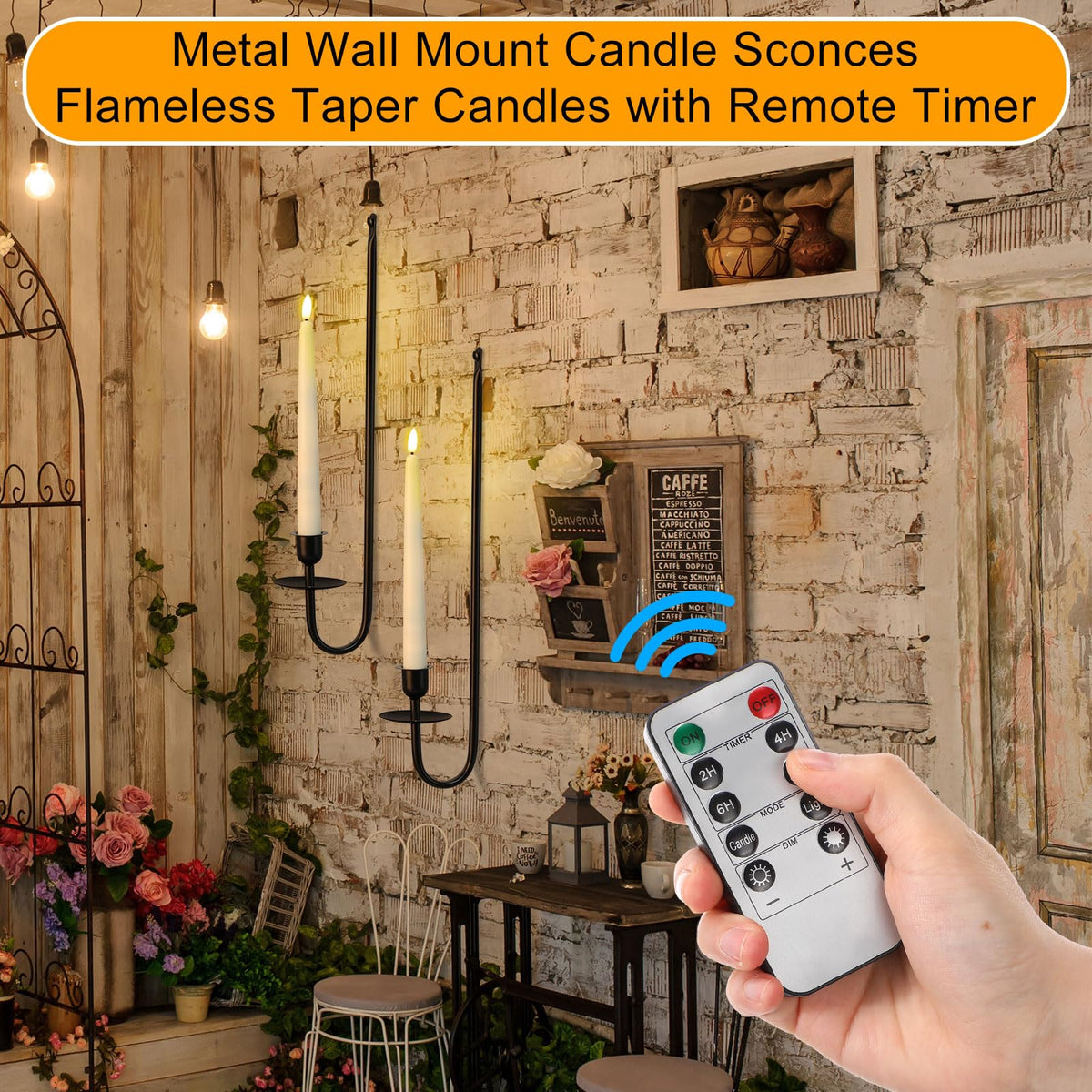 Tessco for you Metal Wall Mount Candle Sconces with 9.6" LED Flameless Taper Candles and Remote Timer 16.5" Wall Hanging Sconces Set for Living Room Fireplace Hallway Stairway(Black,2 Set)