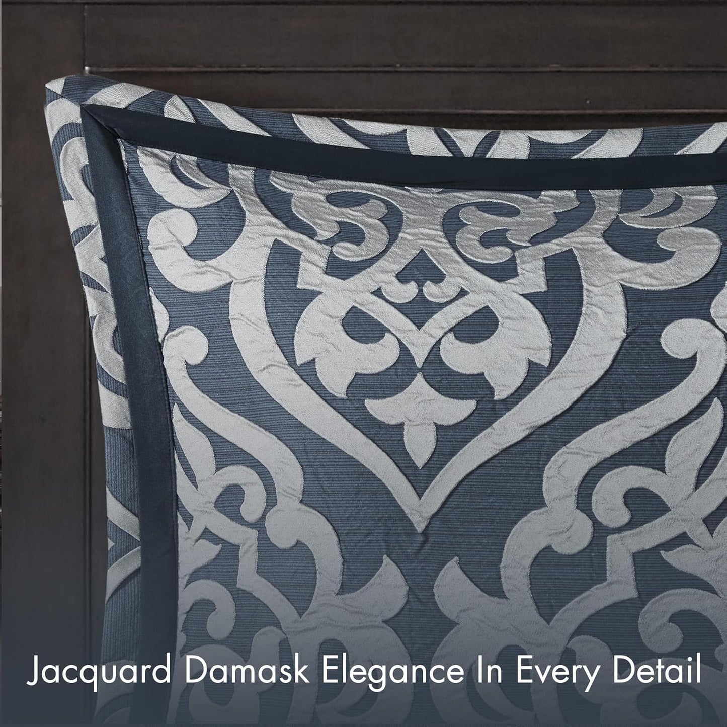 Madison Park Odette Cozy Comforter Set Jacquard Damask Medallion Design - Modern All Season, Down Alternative Bedding, Shams, Decorative Pillows, King(104 in x 92 in), Navy 8 Piece
