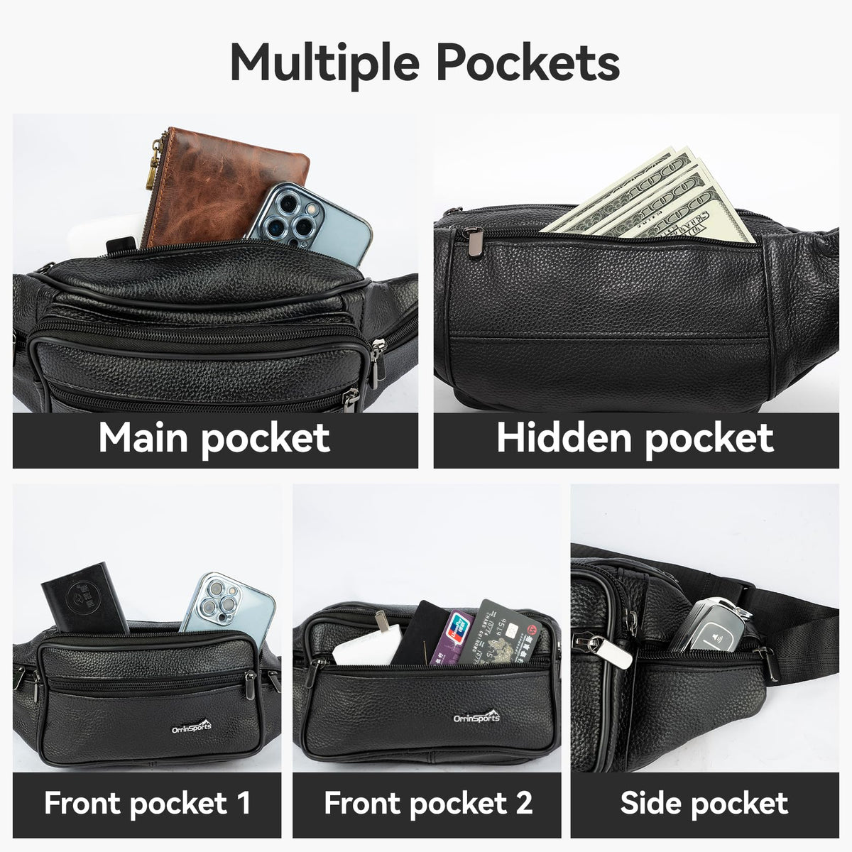 Leather Fanny Pack for Men Women,Genuine Leather Waist Belt Bag with Adjustable Strap Belt Hip Bag with Multi-Pockets for Travel Sports Running Cycling Hiking(Black)