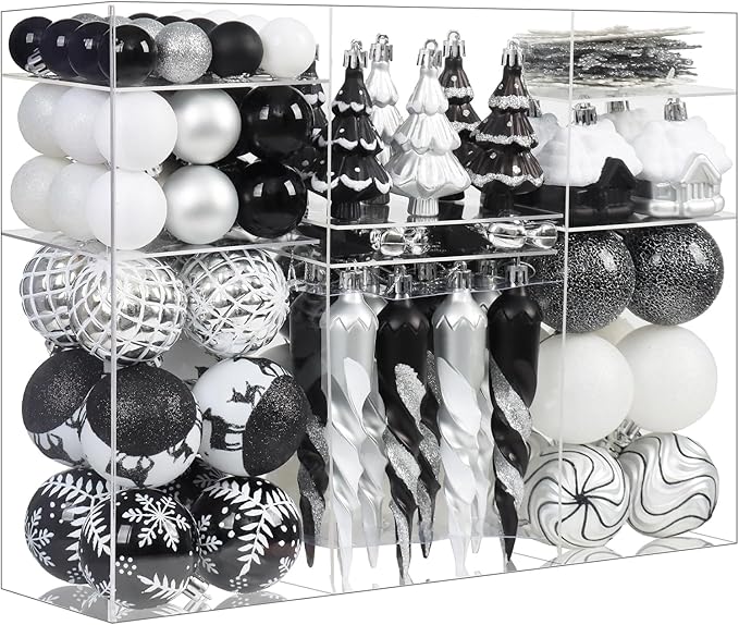 124Ct Black White and Silver Christmas Tree Ornaments Set,Shatterproof Assorted Christmas Decorations for Xmas Tree Snowflake Icicle House Ball Ornaments Baubles for Holiday Party(Black White Silver)