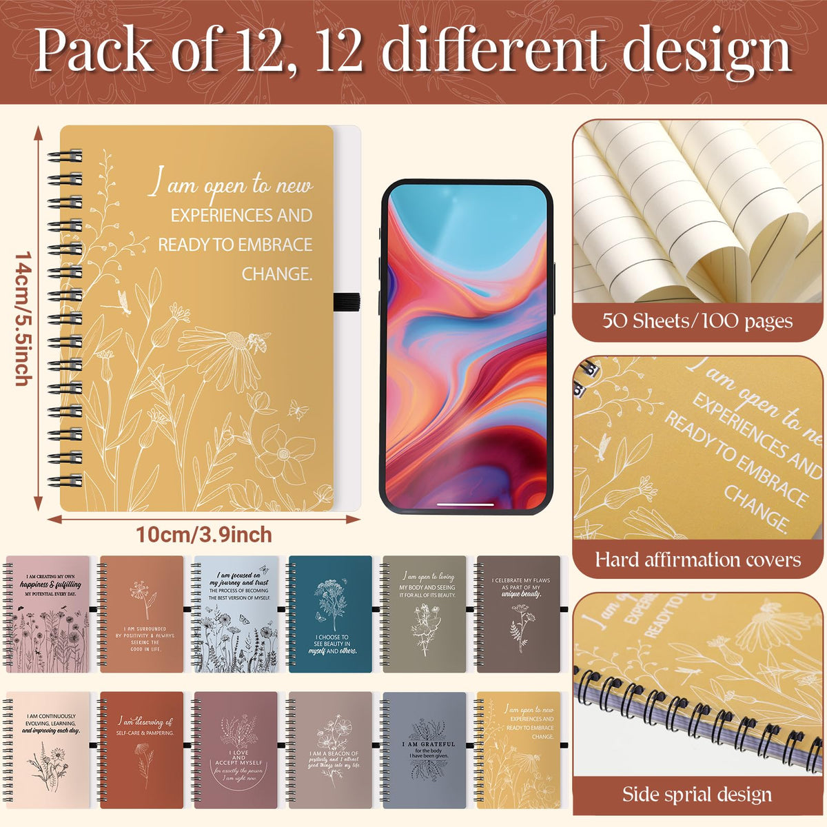 Kosiz 24 Pcs/12 Set Positive Affirmation Gifts Bulk for Women Gratitude Spiral Journals with Pens Motivational Notebooks Mothers Day Gifts for Mom Employee Coworker Teacher Nurse Volunteer (Vibrant)