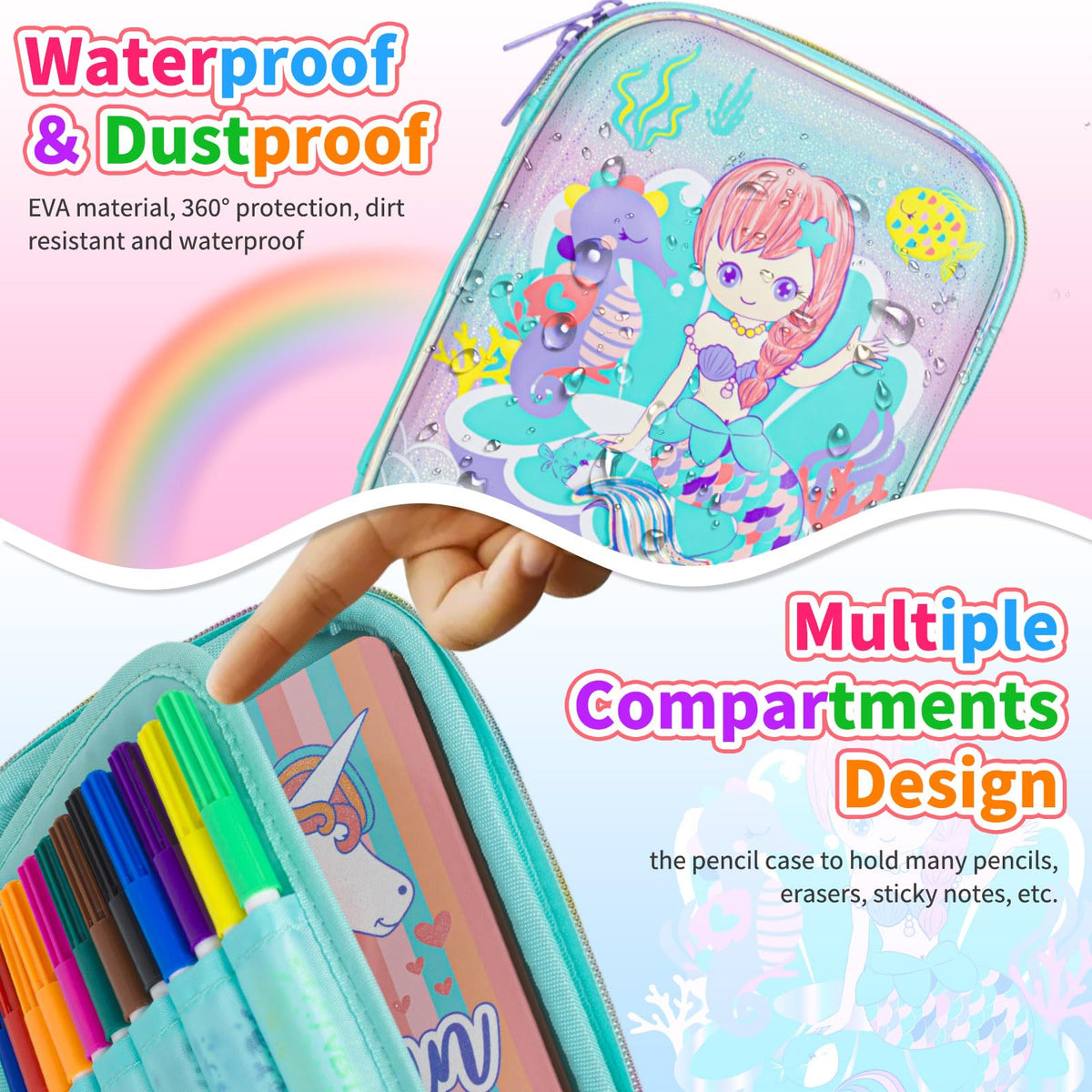 YOYTOO Mermaid Pencil Case Stationery Set for Girls, 3D EVA Big Capacity Cute Pencil Pen Case Bag with Zipper Office College School Storage Bag Pouch Holder Box Organizer