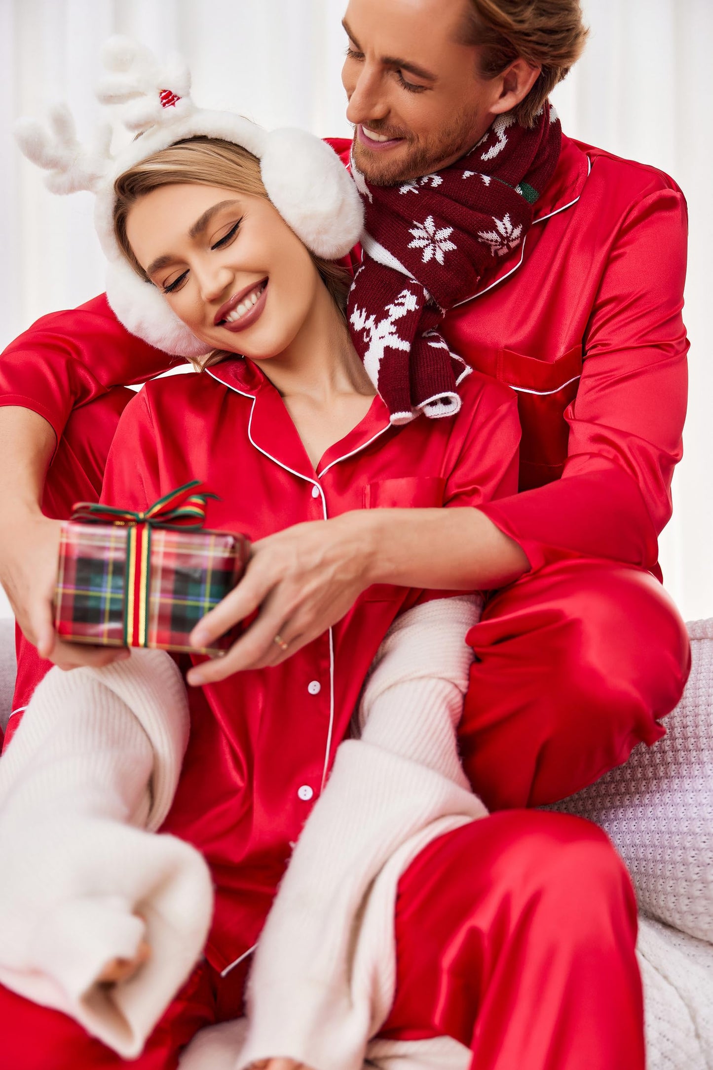 Ekouaer Couples Matching Pajamas Silk Long Sleeve Sleepwear Satin Soft Button Down Loungewear Pjs Set,Red,XXL