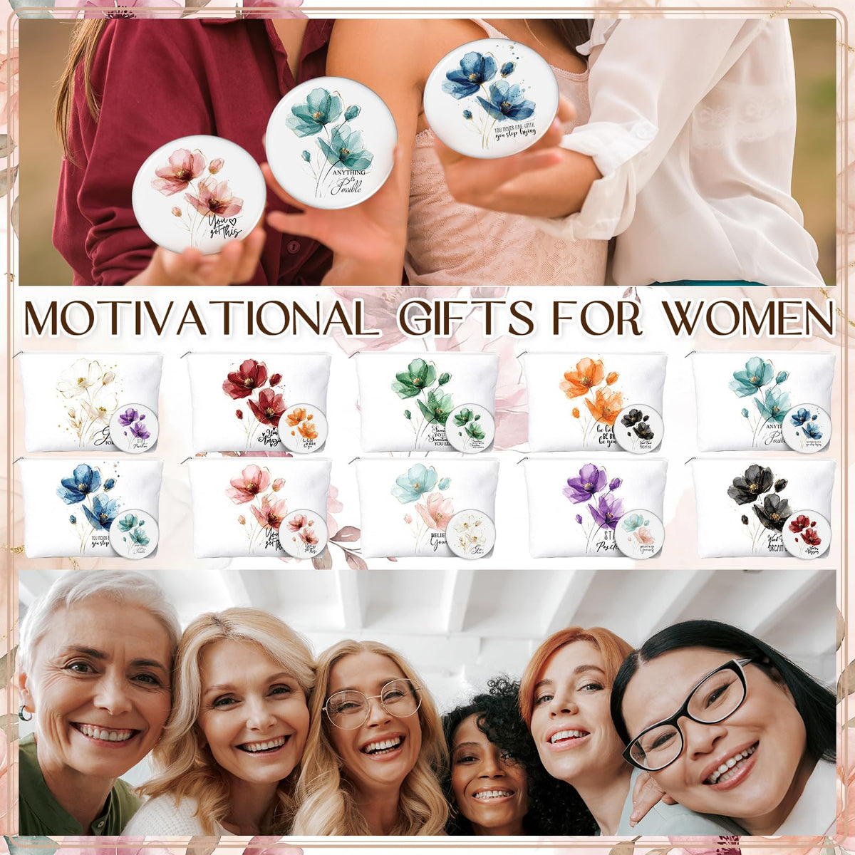 Sieral 20 Pcs Inspirational Appreciation Gifts for Women 10 Inspirational Canvas Makeup Bags 10 Compact Mirror Bulk Cosmetic Bags Portable Mirror Thank You Gifts for Coworkers Staff Friends