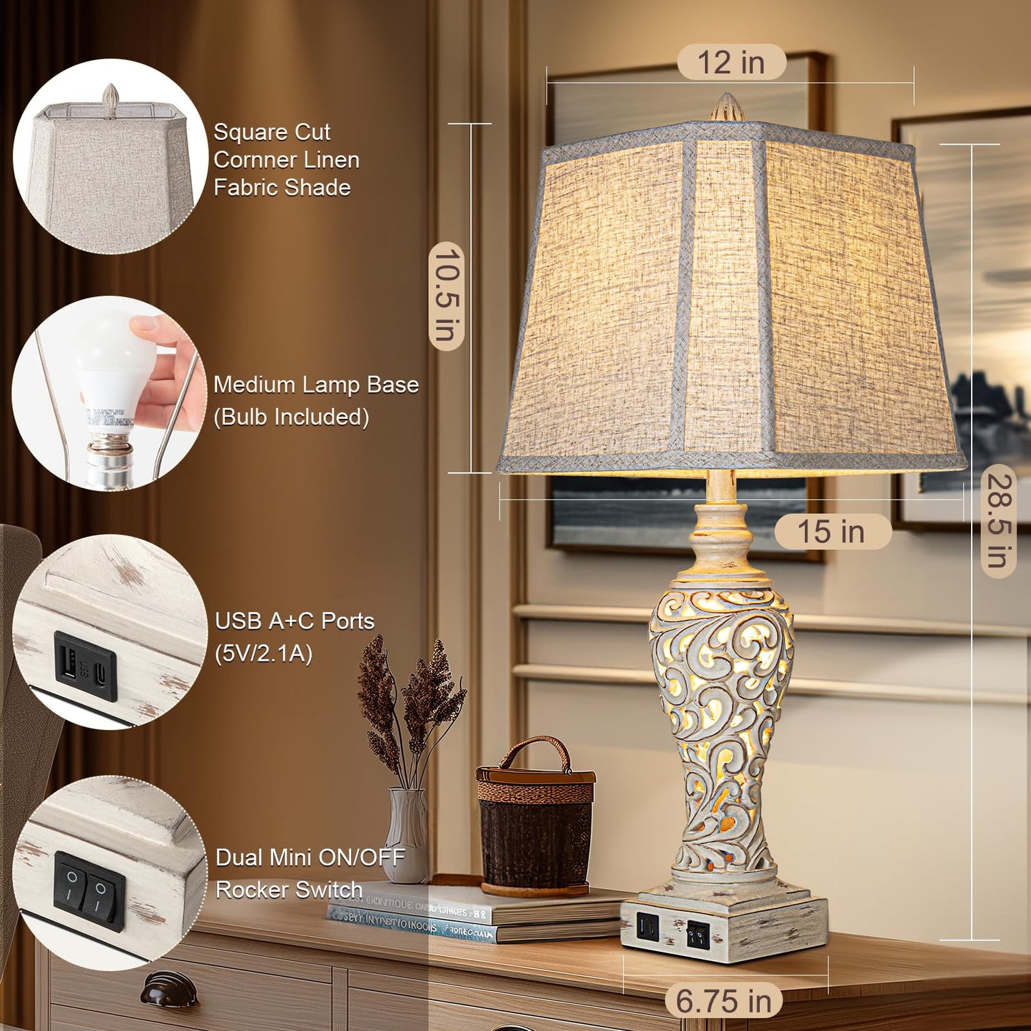 LuxSight Collection 28.5" Table Lamps Set of 2 - Bedside Lamp with Fabric Shades - for Bedroom and Living Room with USB and Nightlight - Perfect for Nightstands and Bedrooms