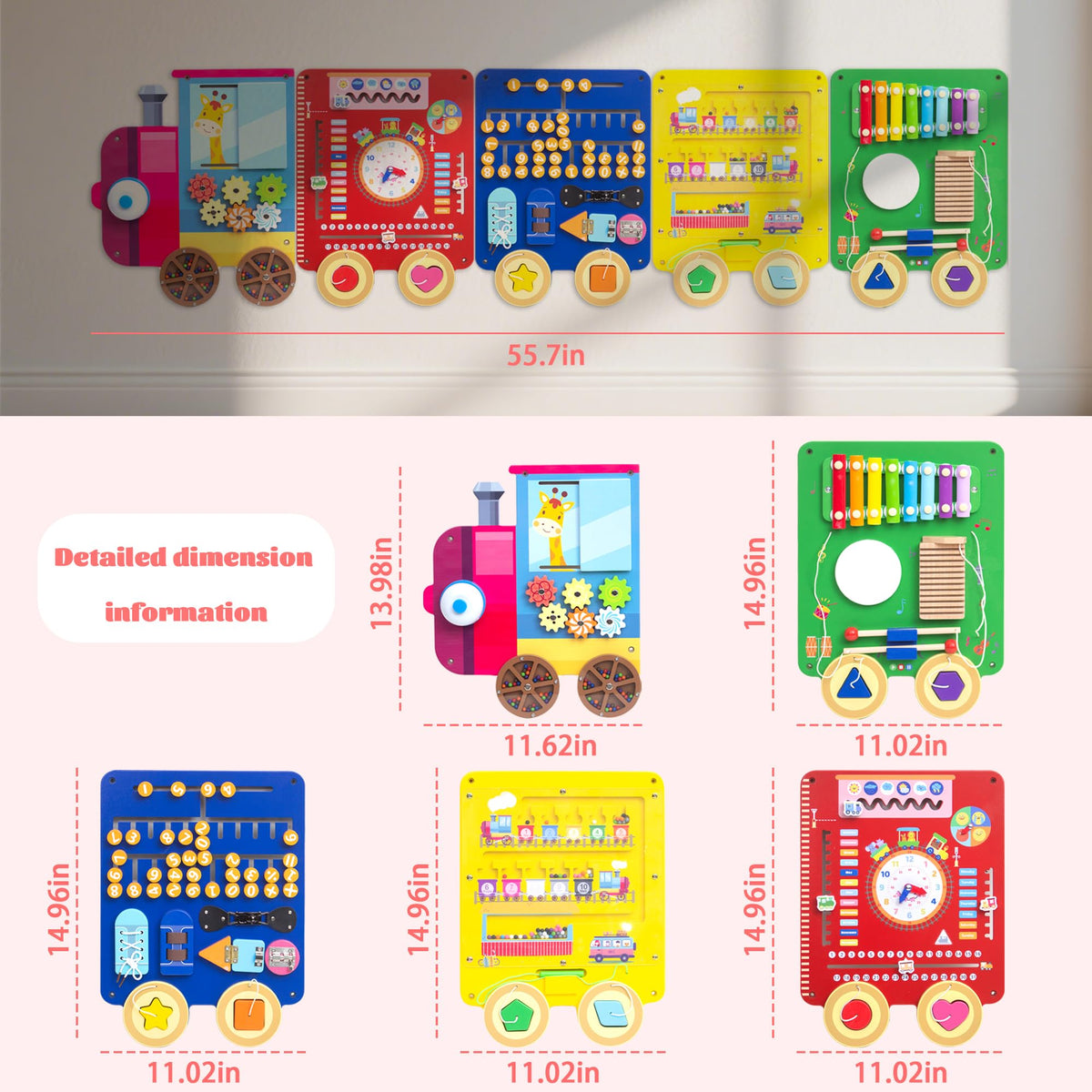 UREDISO Train Activity Wall Busy Board,Wooden Busy Board Train Activity Wall Panels,Montessori Sensory Wall Toys Panel for Kids, Learning Activity Center for Playroom,3 Years Old and Over (Train)