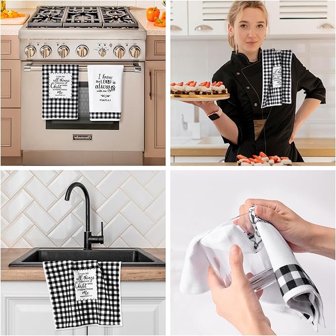R HORSE 5Pcs Religious Christian Kitchen Dish Towel Black and White Check