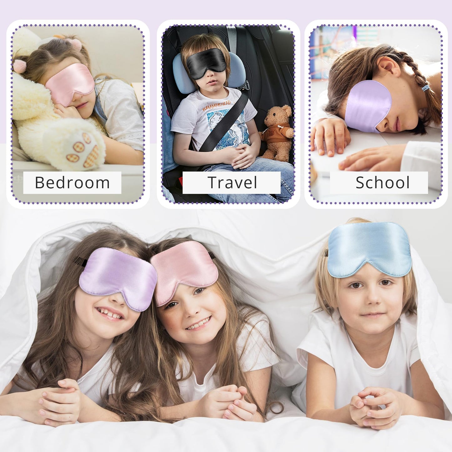 Kids Sleep Mask Eye Cover, 100% Real Natural Pure Silk Eye Mask with Adjustable Strap, Blindfold Kids Eye Mask for Sleeping, Eye Shade for Boys Girls and Adult, Pressure-Free Comfort (Black)