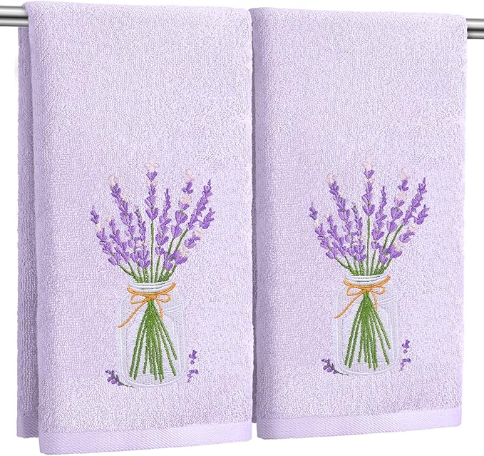 2 Pcs Lavender Hand Towels Purple Bathroom Decor 14x29 Inch Embroidered 100%