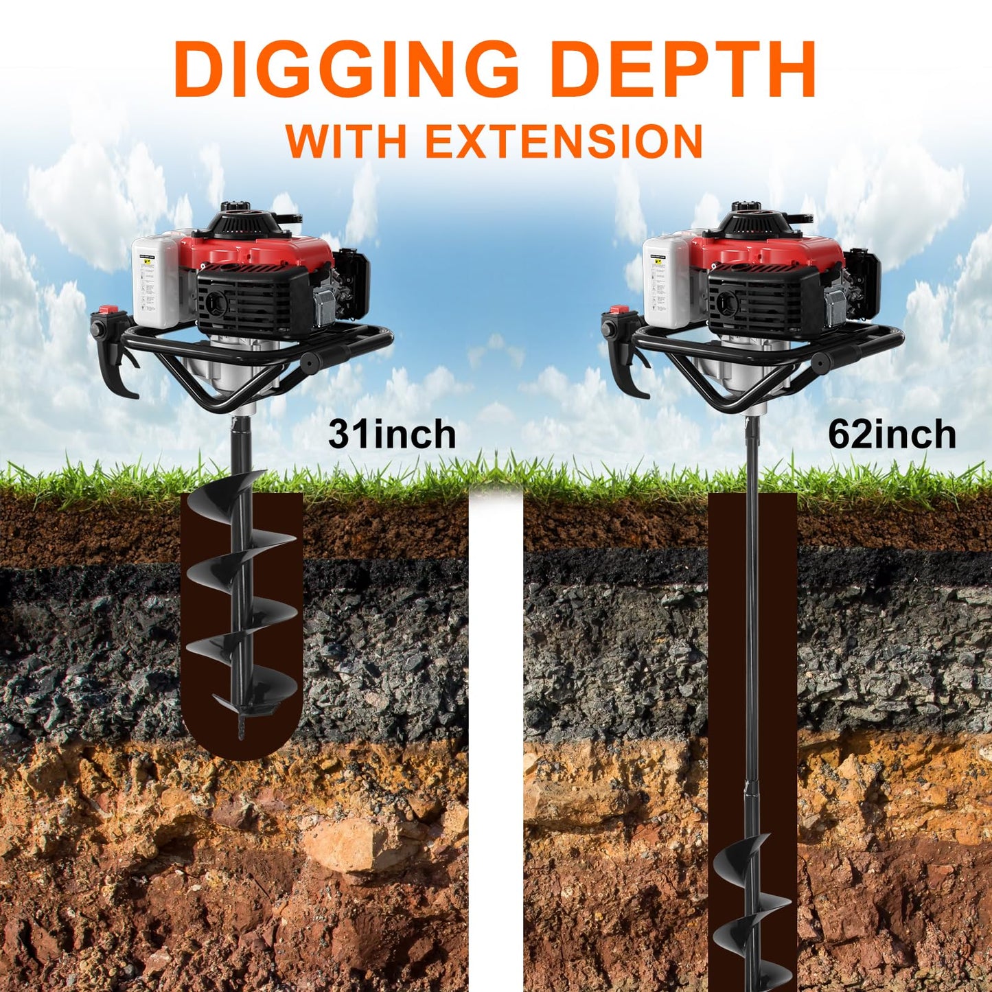 78CC Auger Post Hole Digger, 4 Stroke Gas Powered Earth Post Hole Digger with 2 Auger Drill Bits(6" & 8") + Extension Rods for Farm Garden Plant, Orange (78CC)