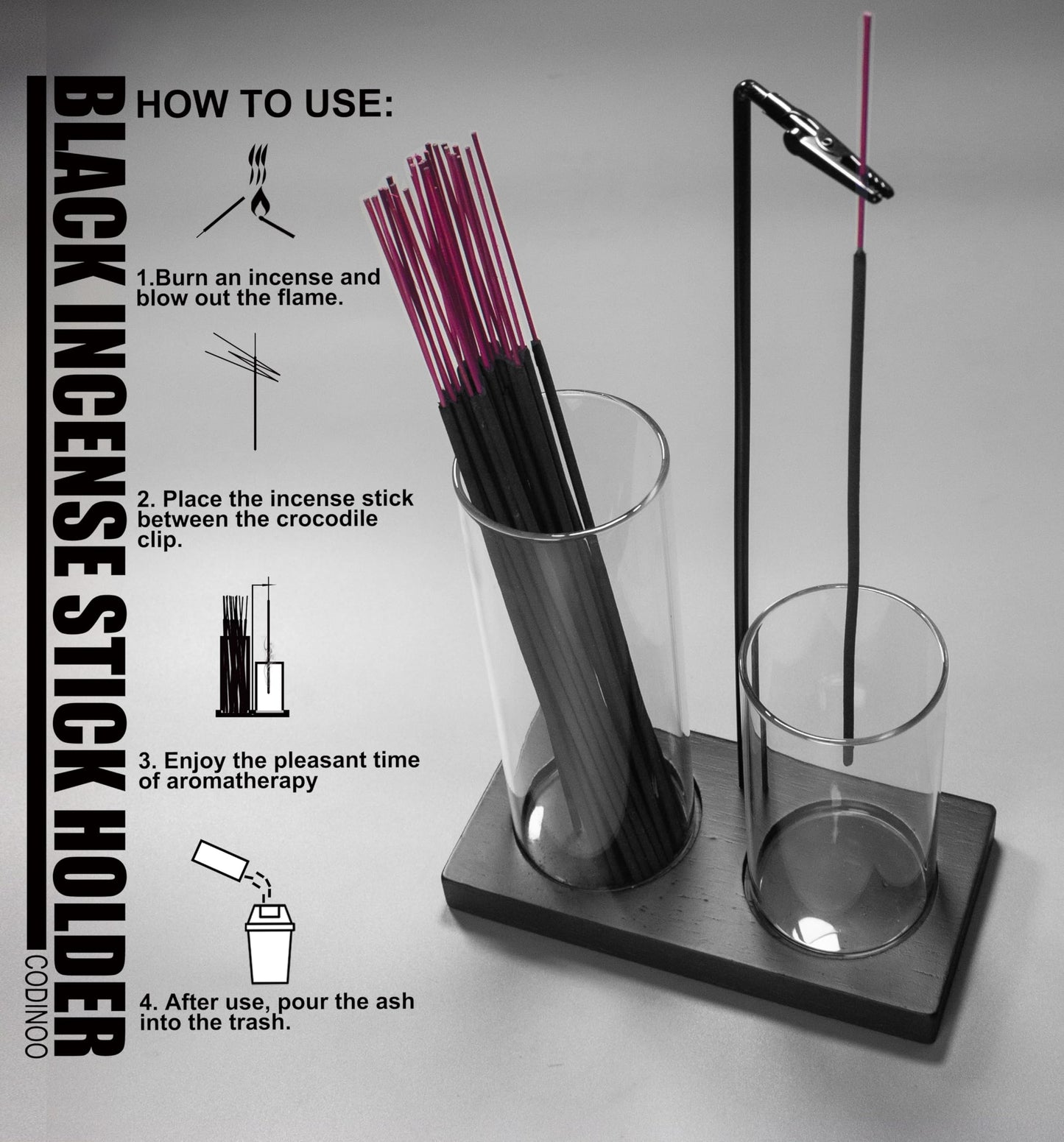2 in 1 Incense Holder for Sticks Incense Burner Holder with Storage,Glass Upside Down Incense Holder for Sticks with Glass Ash Catcher for Meditation Yoga Spa Room Home Decor[Black]