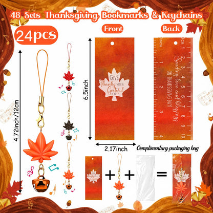 Huquary 24 Set Thanksgiving Bulk Gifts Jingle Bell Maple Keychains with Fall Bookmarks Fall Purse Jingle Bell Charms Leaf Charms Friendsgiving Party Favor Customer for Coworker Church Book Club