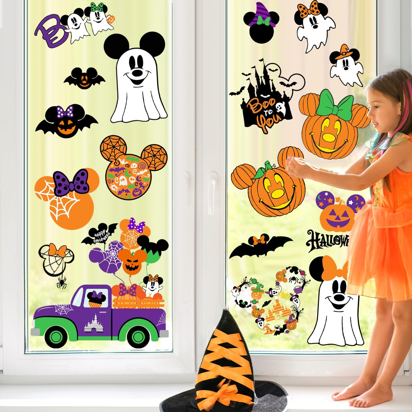 Mouse Themed Halloween Window Decals - 9 Sheets of Removable Pumpkin & Ghost Stickers for Glass Windows
