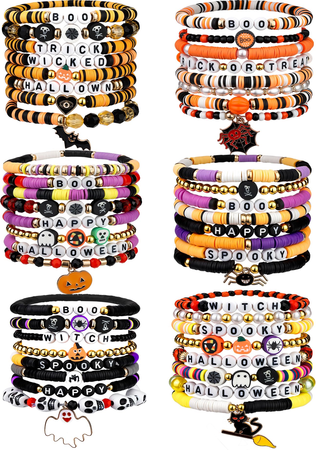 LUYI 48 Pcs Halloween Bracelets for Women Friendship Bracelets Set Colorful Bats Witches Spiders Pumpkins Skulls Beaded Stackable Stretch Clay Bracelets Bulk for Party Jewelry Supplies Holiday Gift