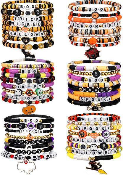 LUYI 48 Pcs Halloween Bracelets for Women Friendship Bracelets Set Colorful Bats Witches Spiders Pumpkins Skulls Beaded Stackable Stretch Clay Bracelets Bulk for Party Jewelry Supplies Holiday Gift