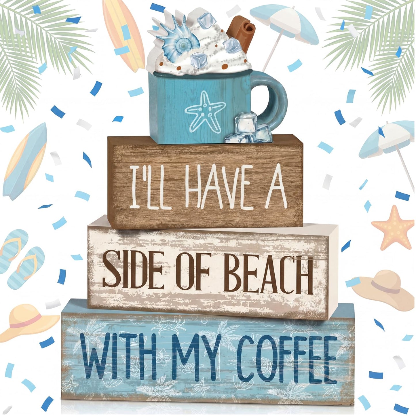 Lineshading 4 Pcs Summer Table Decorations Beach Coffee Bar Wooden Block Sign Blue Rustic Coastal Tiered Tray Decor with Coffee Cup Summer Centerpieces Decor for Beach Nautical Party Office Home