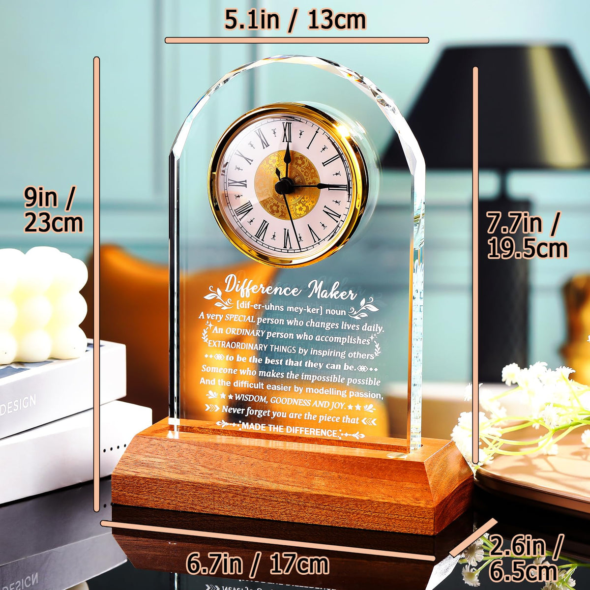 Ornalrist Difference Maker Clock Gifts for Men Women Glass Clock Keepsake with Wooden LED Base Thank You Appreciation Gifts for Boss Teacher Employee Coworker Mentor Motivational Office Desk Decor
