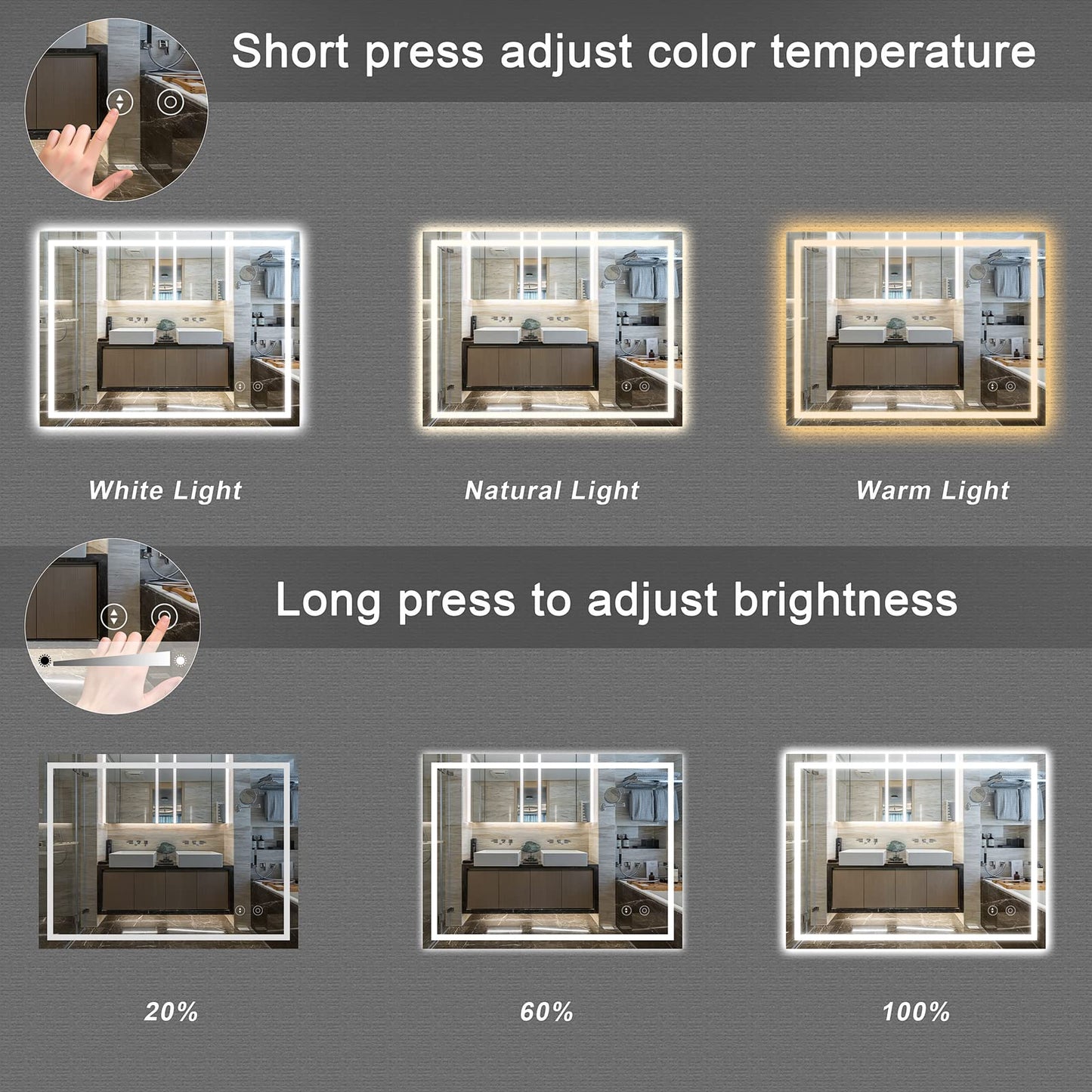 Dripex Bathroom Mirror with LED Lights, 500 * 700 MM Illuminated Backlit Wall Mounted Vanity Mirror Dimmable Switch 3 Colors and Demister Pad, Horizontal/Vertical