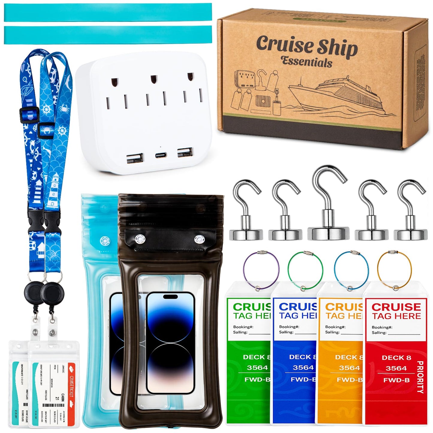 Noledome Cruise Essentials 2026-18PCS Cruise Must Haves Kit with Non-Surge Protector Power Strip, Lanyard with ID Holder, Magnetic Hooks, Luggage Tag Set, Towel Bands, Waterproof Phone Holder