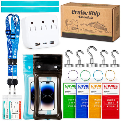 Noledome Cruise Essentials 2026-18PCS Cruise Must Haves Kit with Non-Surge Protector Power Strip, Lanyard with ID Holder, Magnetic Hooks, Luggage Tag Set, Towel Bands, Waterproof Phone Holder