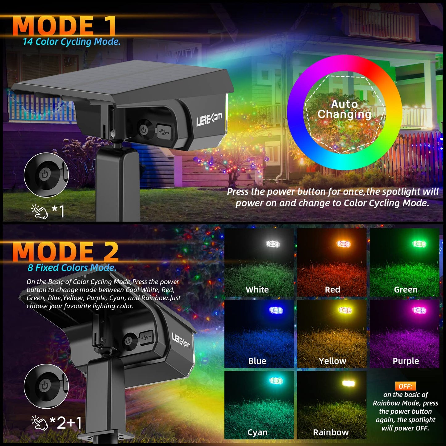 LEREKAM Solar Outdoor,40 LEDs Color Changing RGB Solar Landscape Path Lights,USB & Solar Powered Multicoloured Spotlights,14 Colors Auto Cycling Spotlights for Yard,Garden,2 Pack