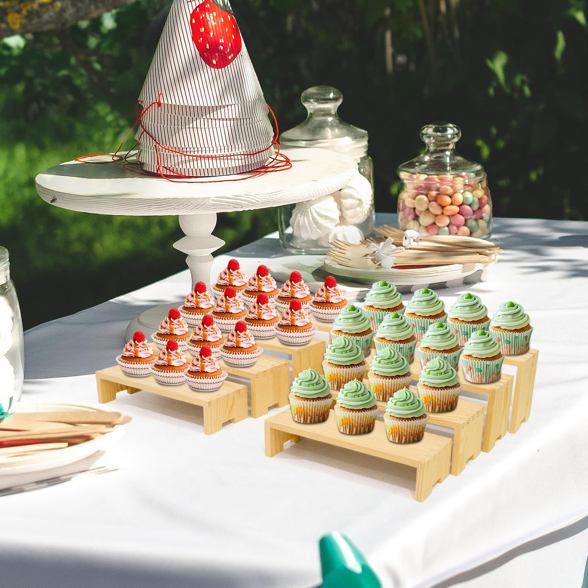 Yikaroeli 2 Set Large Wood Display Risers Display Stands Wooden Cupcake Stand Dessert Food Buffet Risers for Vendor Events 4 Tiered 8Pcs Table Sets Cake for Display