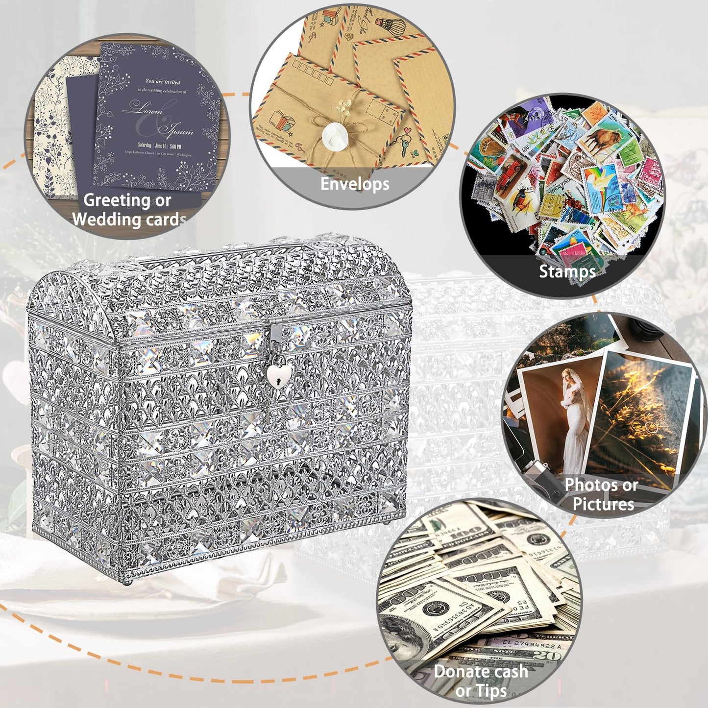 JUXYES Silver Sparkle Crystal Wedding Card Box With Lid for Reception, Gorgeous Treasure Chest Style Keepsake Envelope Box 12 Inches Large Card Receiving Box for Wedding, Reception, Birthday Party