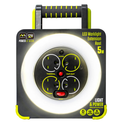 Masterplug WLU05134SL-PX Pro-XT Four Socket LED Work Light Extension Reel with Fold Out Stand, Thermal Cut Out and Power Switch, 5 metre High Visibility Cable, 13 Amp, Grey, 28.35 cm*9.1 cm*22.0 cm