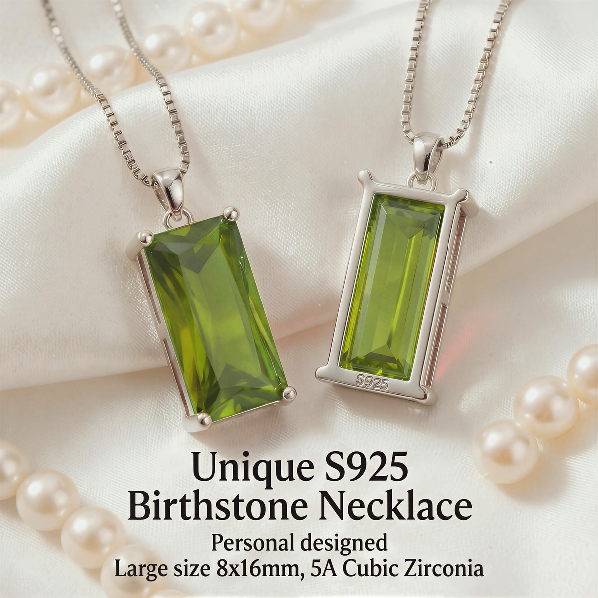 Kuschelkatze 8mm x 16mm Square August Birthstone Peridot Pendant Necklace – Fashion charming Sterling Silver Gift for women