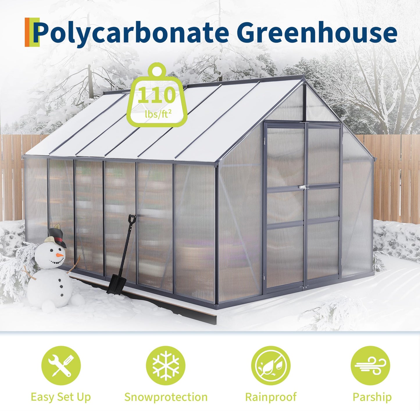 GarveeLife 8*12 ft Outdoor Walk-in Greenhouse, Polycarbonate Green House, Heavy Duty Greenhouse with Vented Roof Window, Windproof Aluminum Frame, Suitable for Outside Gardening, Backyard, Patio