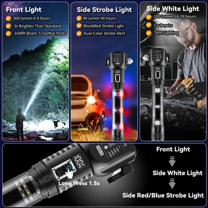 hawkbang 18-in-1 Solar/USB Rechargeable Car Emergency Flashlight Tool - Auto Safety Hammer Glass Breaker, Seatbelt Cutter, Flameless Fire Starter, SOS Alarm, Power Bank, Survival Gear, Driver Gifts