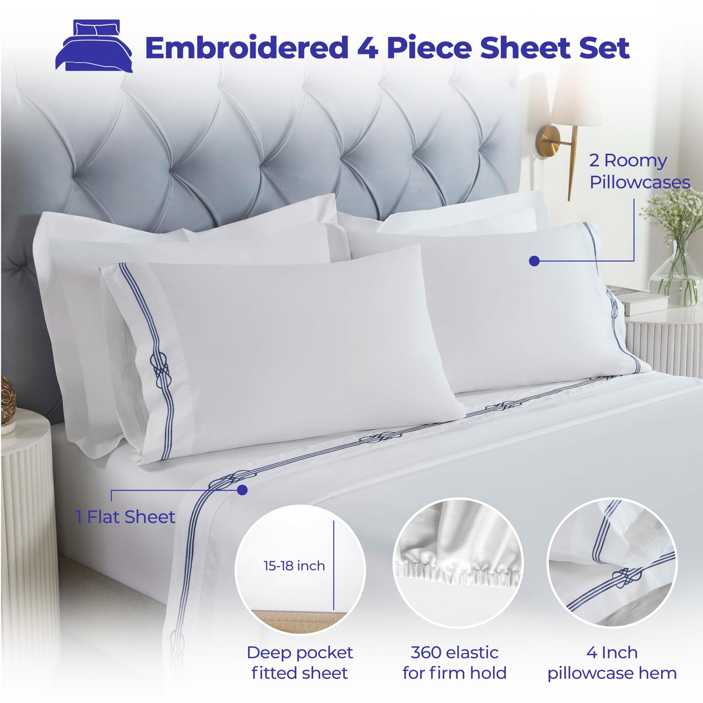 Superior Embroidered Cotton Bed Sheet Set, 1 Elastic Deep Pocket Fitted Sheet, 1 Flat Sheet, 2 Pillowcases, Daily Soft Sheets, Luxury, Elegant Design, Moonlawn Collection, Queen Size, White/Navy Blue