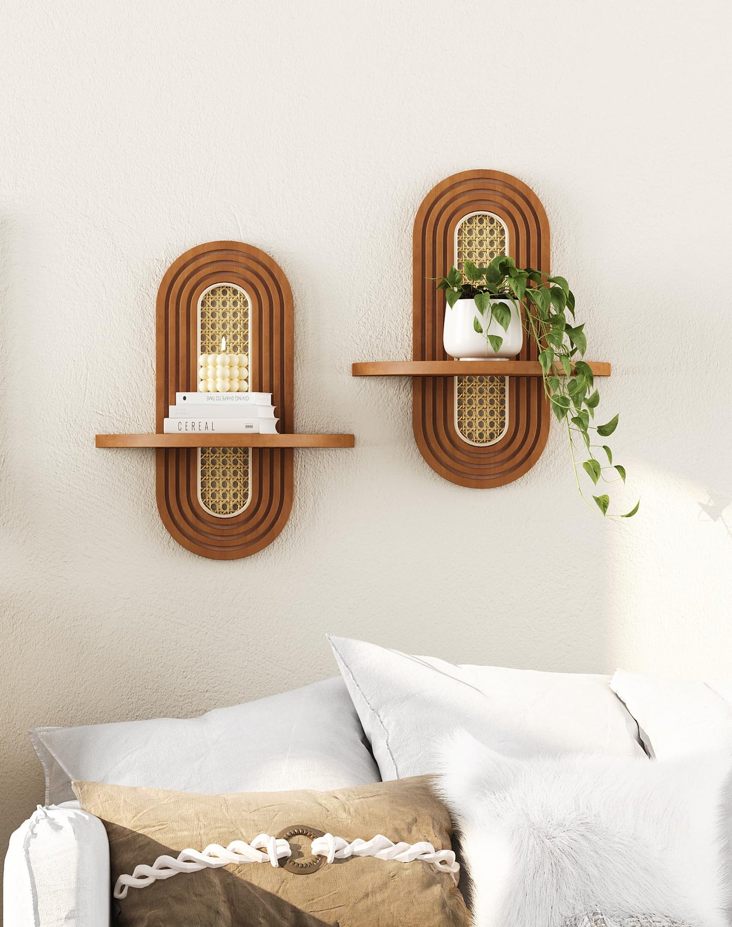 Hongsane Floating Shelves for Wall, Boho Home Wall Decor,Rattan Plant Shelf Set of 2, Mid Century Small Decorative Shelf, Natural Wood Shelves for Living Room,Bedroom,House,Office (Walnut)