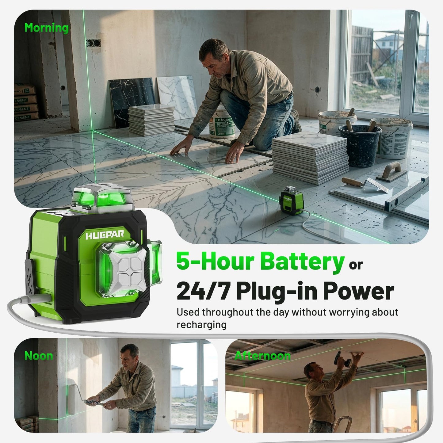 Huepar Laser Level 360° Self Leveling with 60" Tripod, New 3D, Smaller Size, Better Value, 3x360° Green Cross Line Laser Level 12 Lines, Rechargeablel Outdoor Pulse Mode, Tile, Cabinet, etc. ST03CGTP