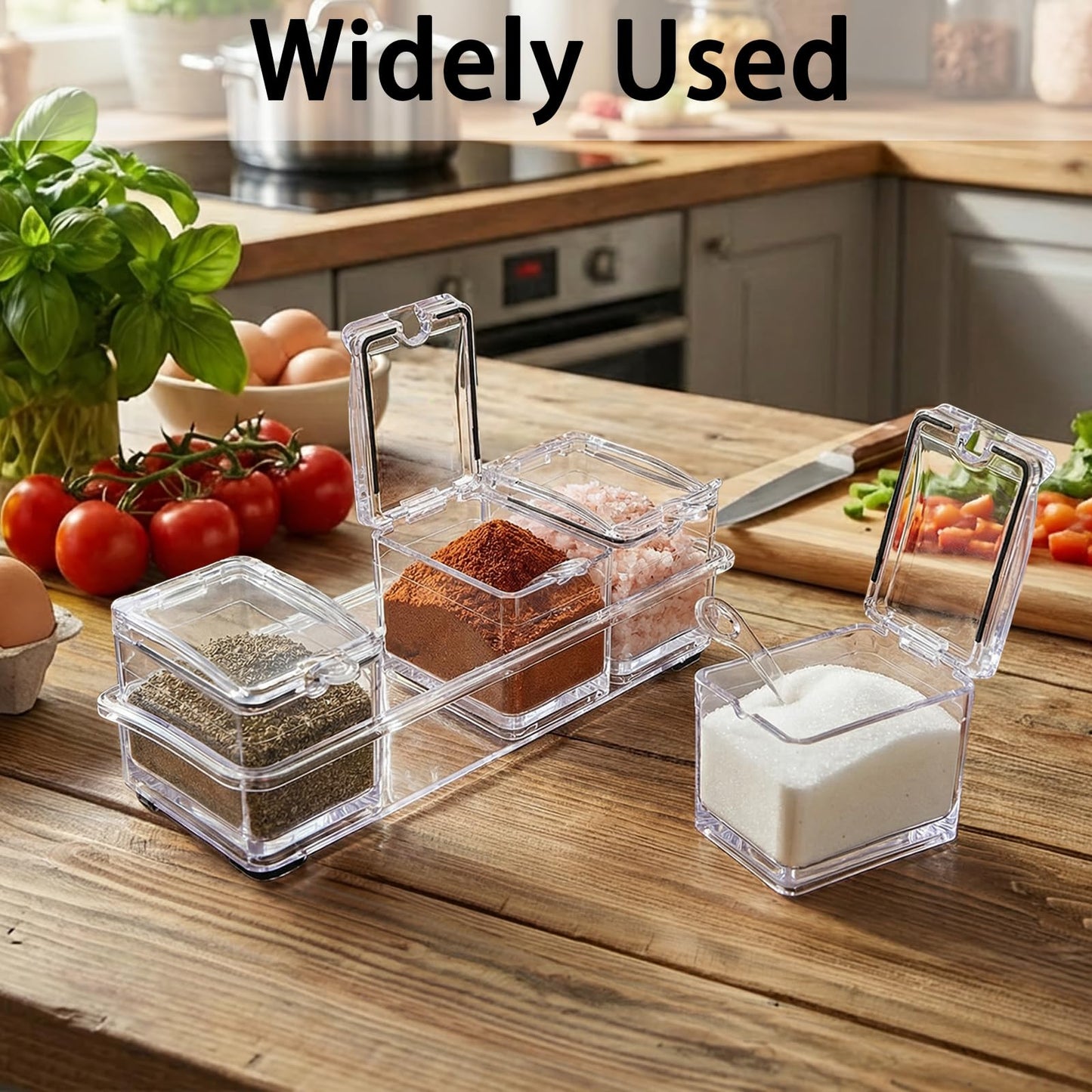 Yesland Clear Seasoning Rack Spice Pots - 4 Piece Storage Container Condiment Jars - Acrylic Seasoning Box, Cruet with Cover and Spoon