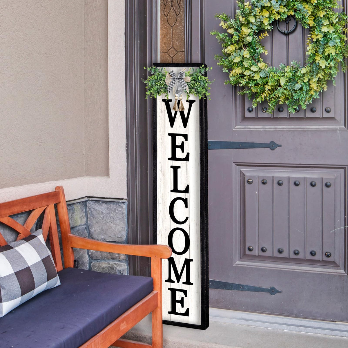 LuZhiQiang Front Porch for Welcome Standing Sign 45"X9" Vertical Tall Long Leaner Outdoor Front Door Wood Framed Decor (Black)