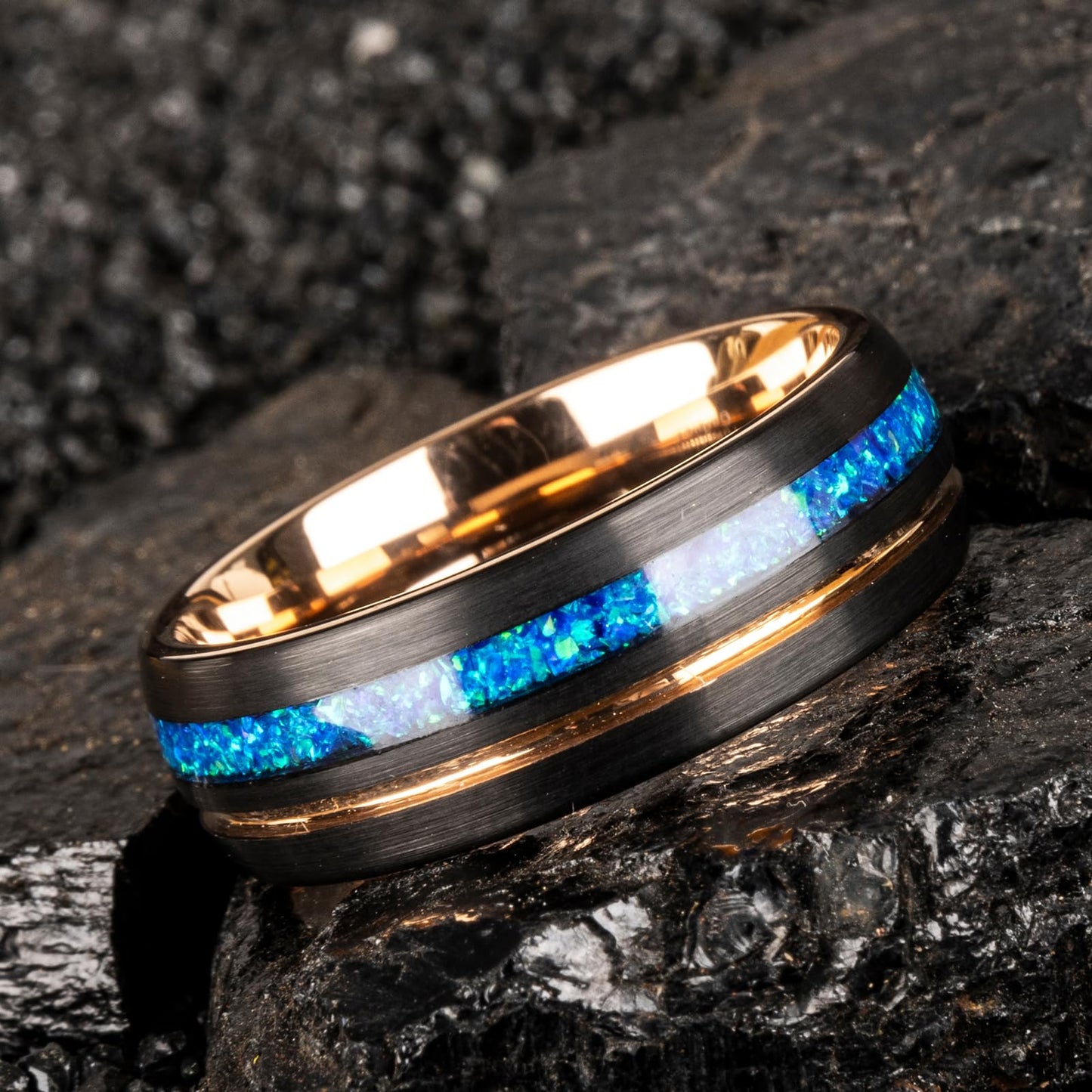 JEWPER 8mm Men Womens Wedding Band Tungsten Rings Black Blue rose gold Fashion Promise Carbide outer ring Inlaid Opal groove design Matte Finish Edge Comfort Fit Size(12)