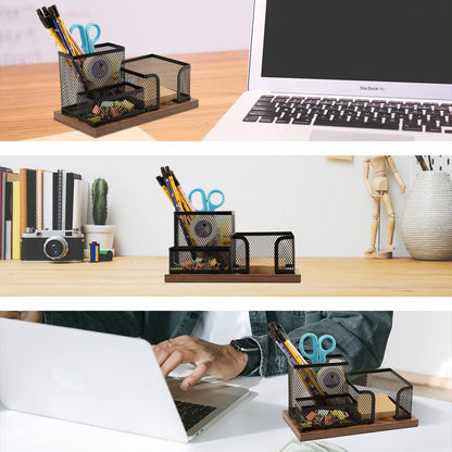 ASIFMTHOT Antique Wood & Mesh Pen Holder Office Supplies Caddy, Storage Baskets for Desktop Accessorieswith Sticky Notes Holder,3 Compartments(2 Pack Black)