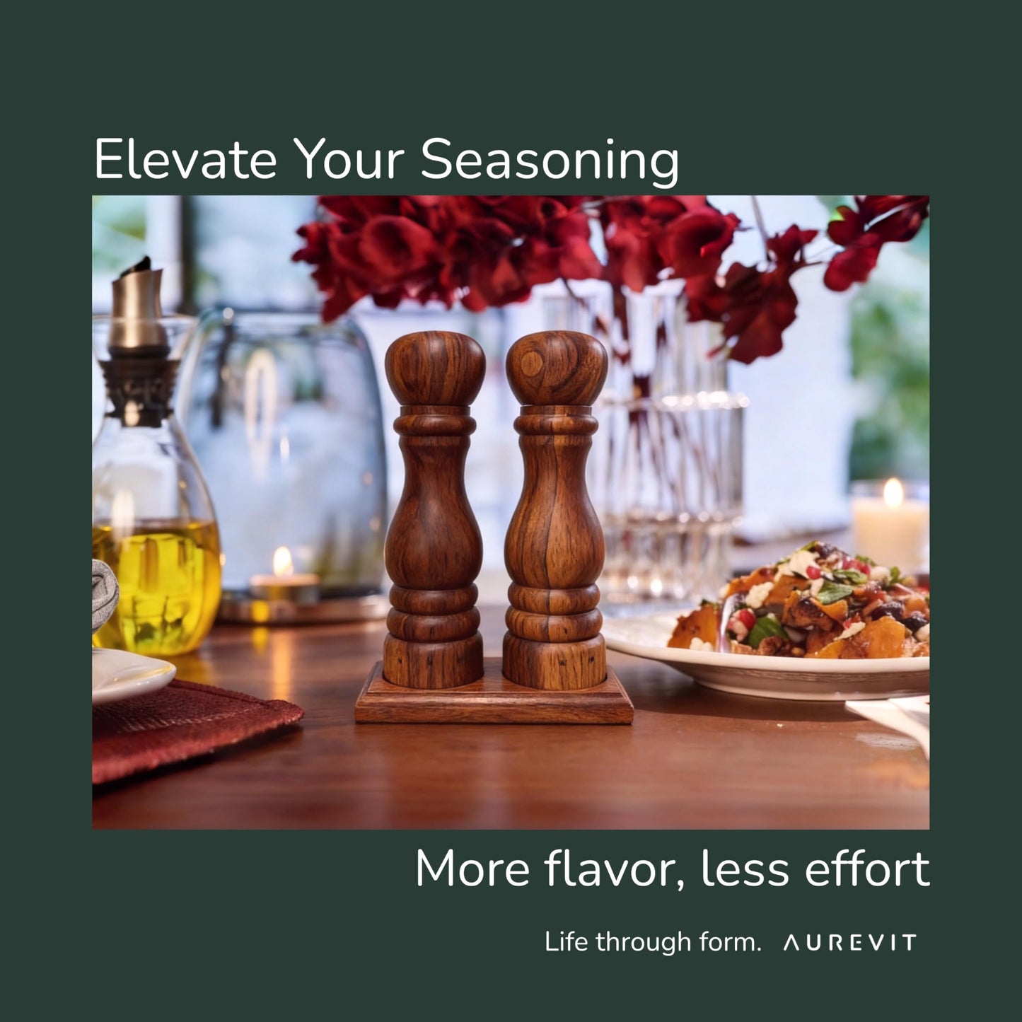 Aurevit Wooden Salt and Pepper Grinder Set, Manual Salt and Pepper Mill with Ceramic/Stainless Steel Core, Refillable Salt Grinder with External Adjustable Coarseness, 9” Tall (Chocolate)