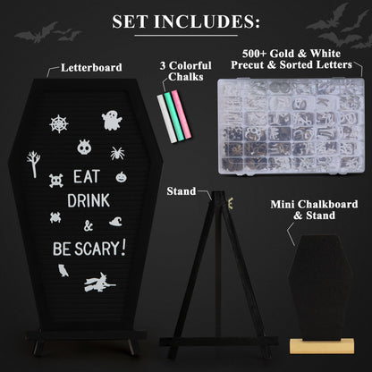 3 in 1 Coffin Letter Board with Precut, Presorted 500 Letters & Emojis + Mini Coffin Board, Gothic Halloween Decor - Spooky 17x10.5 inches Felt Letter Board - Manny's Mysterious Oddities