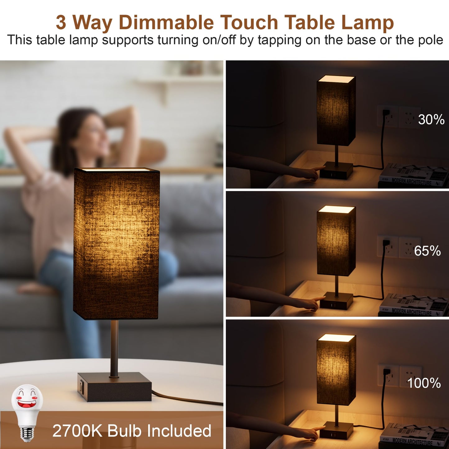 Sailstar Table Lamp for Bedroom, 3 Way Dimmable Touch Bedside Lamp, Small Lamp with 2 USB C+A Charging Ports, Black Nightstand Lamps for End Table, Living Room, Desk, Bulb Included