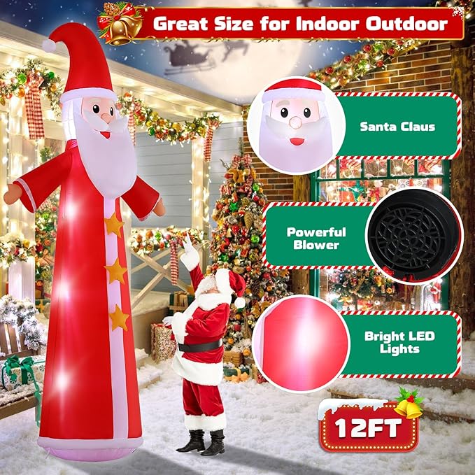 12FT Christmas Inflatables, Giant Santa Christmas Inflatable Outdoor Decoration, Christmas Outdoor Inflatables with Built-in LEDs, Christmas Blow Up Yard Decorations for Party Holiday Lawn